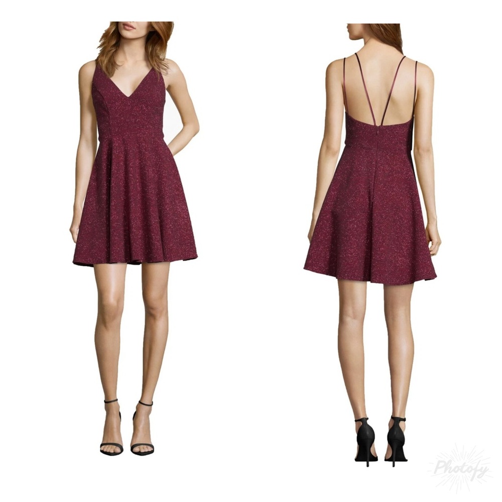 Xscape Glitter V-Neck Party Fit & Flare Dress Wine Red Sparkle Strappy Sz 6